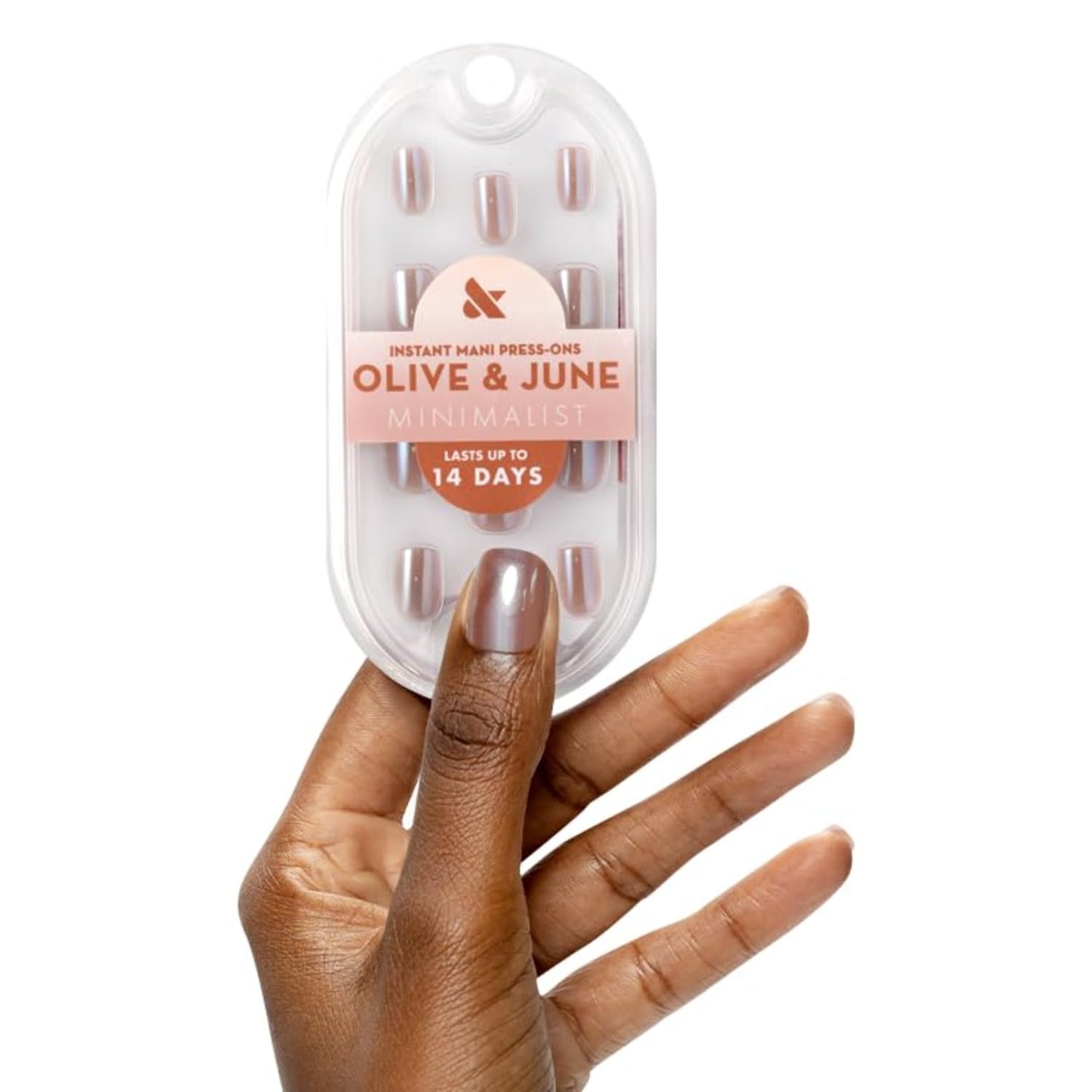 Olive & June Minimalist Instant Mani Press On Nails (Glue) | 42 Fake Nails, 21 Sizes | Non-Toxic, Long-Lasting Barely-There Look | Salon-Quality at Home | Extra Short, Squoval | Taupe Jelly Chrome