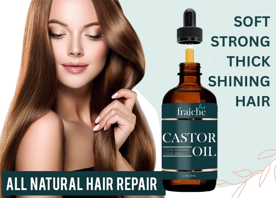 Live Fraiche Organic Castor Oil (4oz) + Filled Mascara Tube, 100% USDA Pure, Cold Pressed, Hexane Free Lash Serum Hair Growth Oil for Eyelashes, Eyebrows, Hair - Brow and Hair Treatment Oil