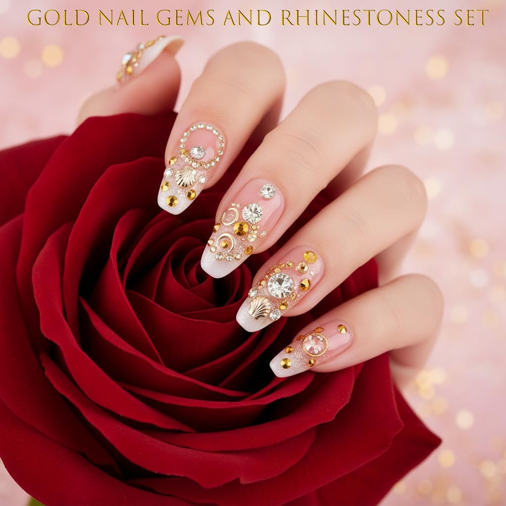 8 Boxes Nail Charms Set- 3D Gold Nail Charms with Gold Nail Gems and Nail Rhinestoness, Nail Pearls Caviar Beads for Nail Design, Gold Charms for Nails, Include Tweezer & Wax Pencil Nail Art Tools kit