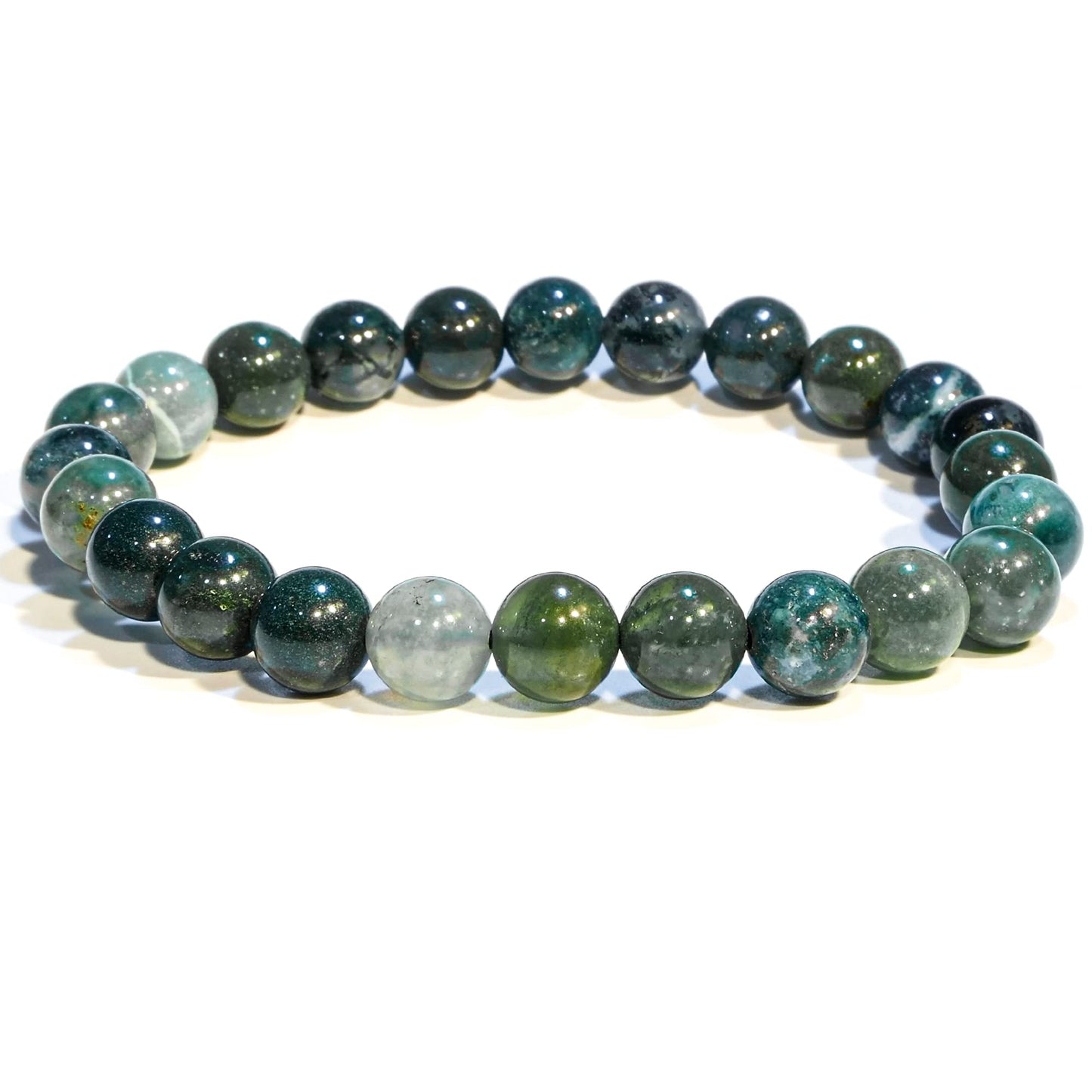 ANAYA AGATE Moss Agate Bracelet, Healing Crystal Bracelet for Women and Men, 8mm Round Beaded Bracelet for Spiritual Healing, Protection, Positive Energy, Elastic Adjustable Size Gemstone Bead Bracelet