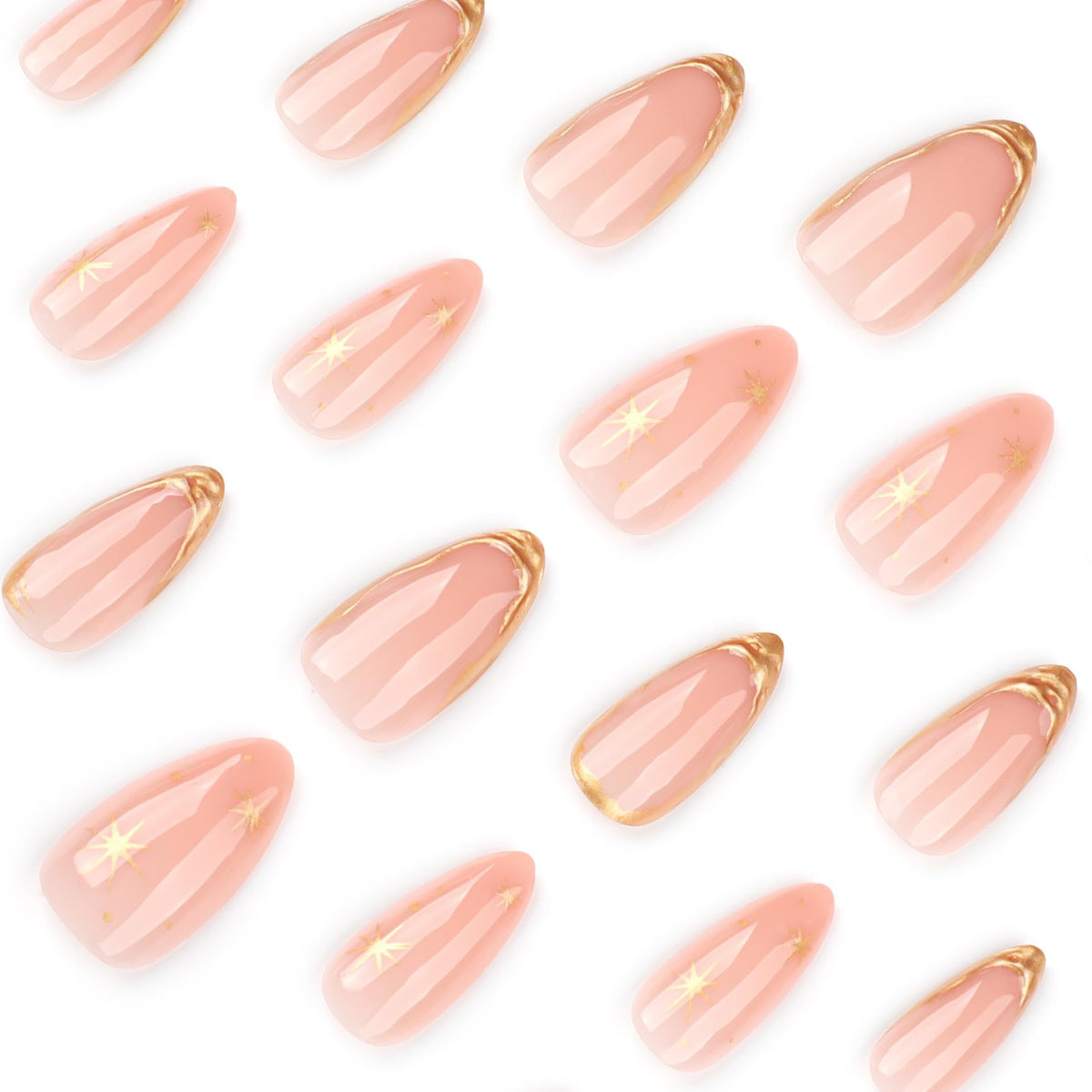 Gold French Tip Press On Nails Medium Almond Fake Nails 3D Gold With Star Design Nude False Nails Full Cover Reusable Glossy Stick On Nail Glue On Nail For Women Girls Manicure Decorations 24pcs