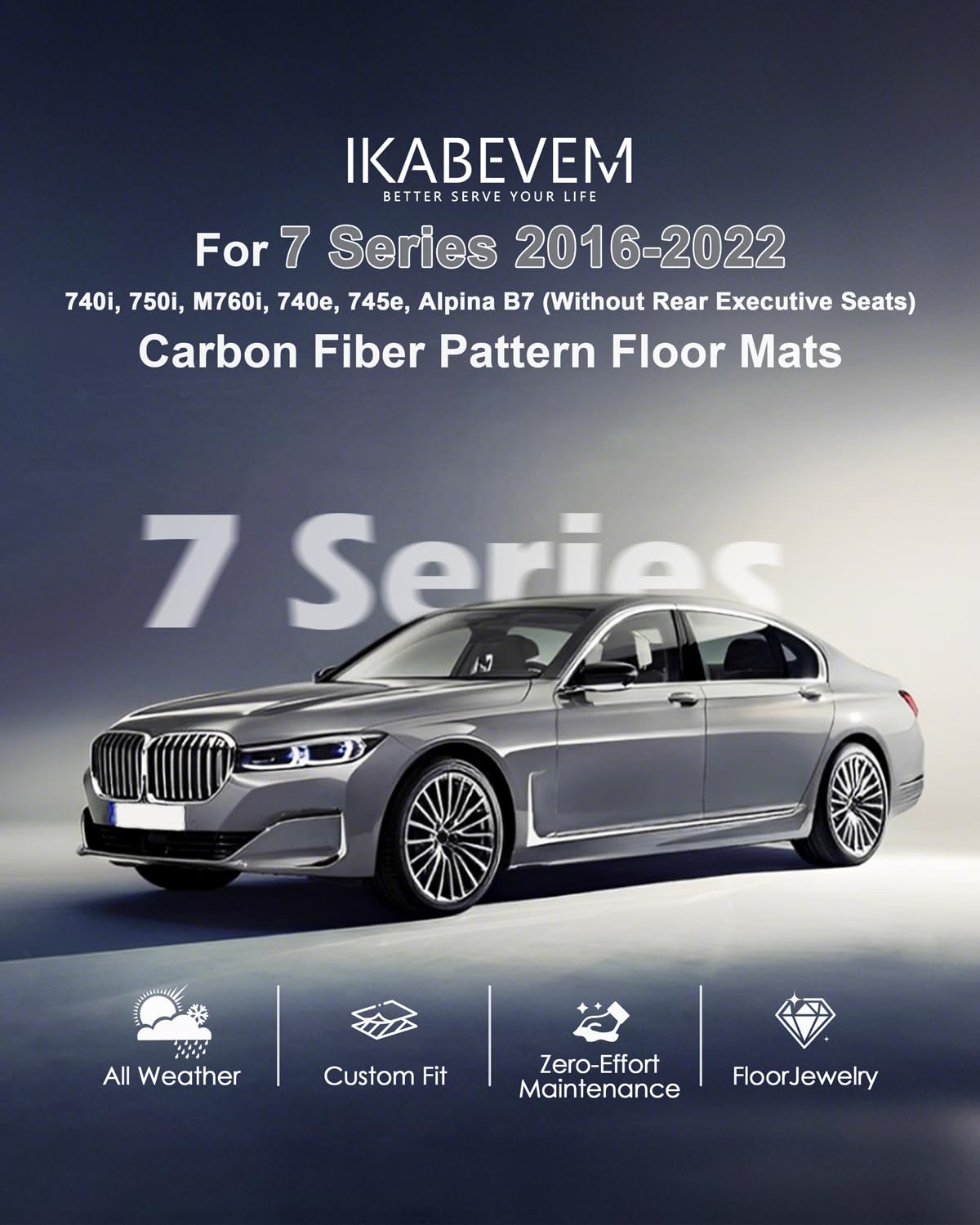 Floor Mats Fit for 2016-2022 BMW 7 Series (G12): 740i, 750i, M760i, 740e, 745e, Alpina B7 (Without Rear Executive Seats), Carbon Fiber Pattern 2 Row Custom Fit 3D Car Mats Luxury All Weather Guard
