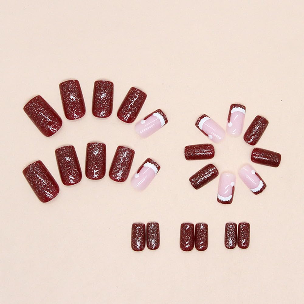 Christmas Hat Press on Nails Short Square Fake Nails Santa Hat Design Red French Glitter False Nails Winter Xmas Full Cover Acrylic Nails Glue on Nail for Women Girls 24Pcs