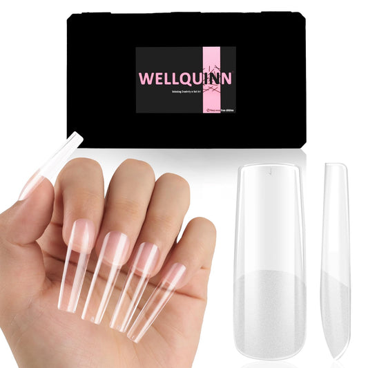 Wellquinn Square Nail Tips Long Thicken Soft Gel Nails Pre-etched Clear Full Cover Press on Acrylic Fake Nail Extension for Manicure Salon Home DIY 360Pcs 15 Sizes Black Box Collection
