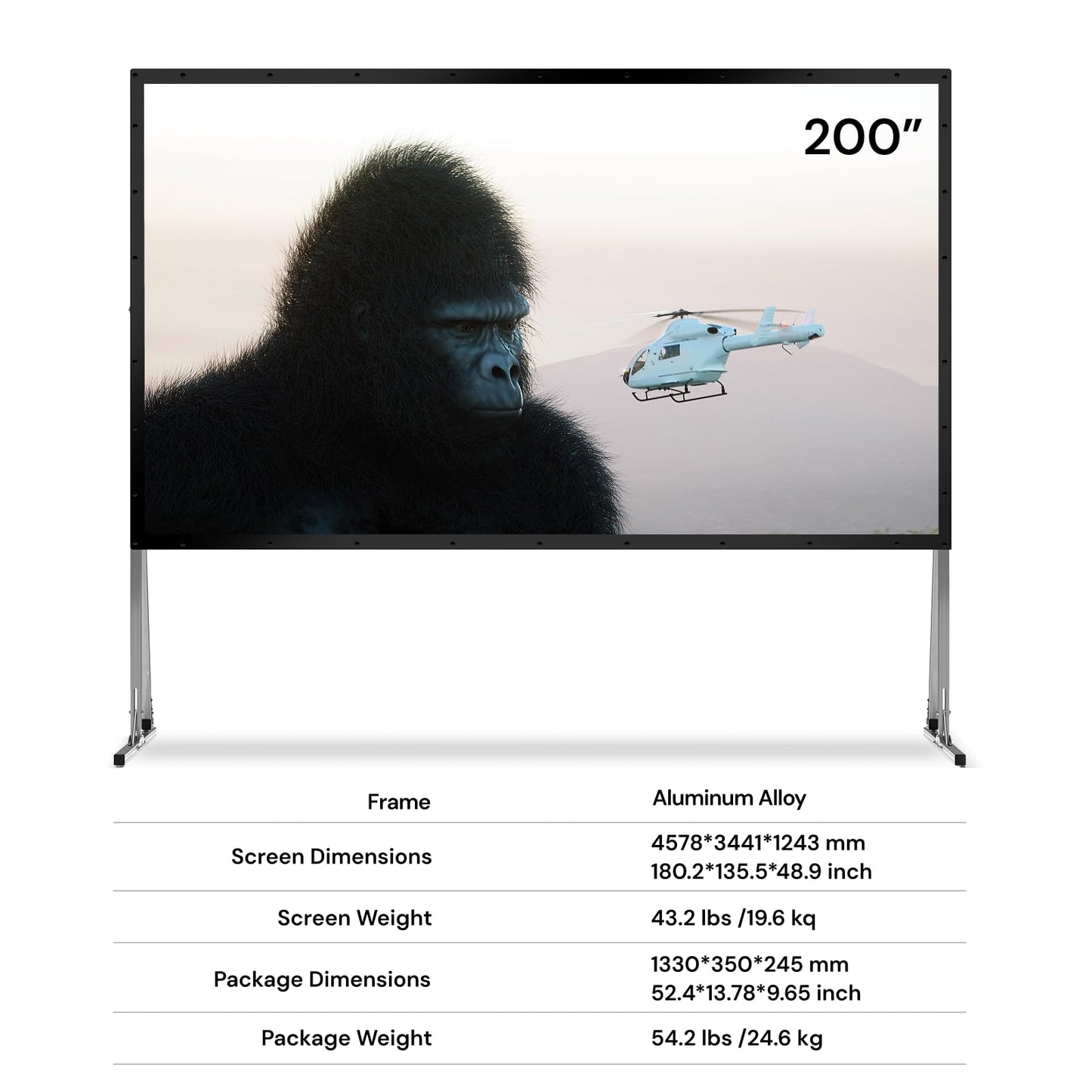 AWOL VISION Folding Outdoor Projector Screen with Stand (200 inches)，Outside Projection Screen 4K/8K UHD Support, Freestanding, Portable Alloy Frame, 16:9 HD, Lightweight for Camping, Backyard