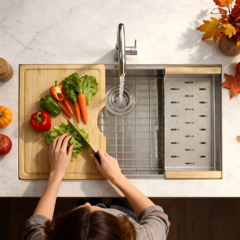 Dakota Workstation Kitchen Sink with Accessory Ledges, 30X20", 16 Gauge Stainless Steel, Undermount Single Bowl Drop In Sink with Colander, Bamboo Cutting Board, Bottom Grid, Premium Kitchen Sinks.