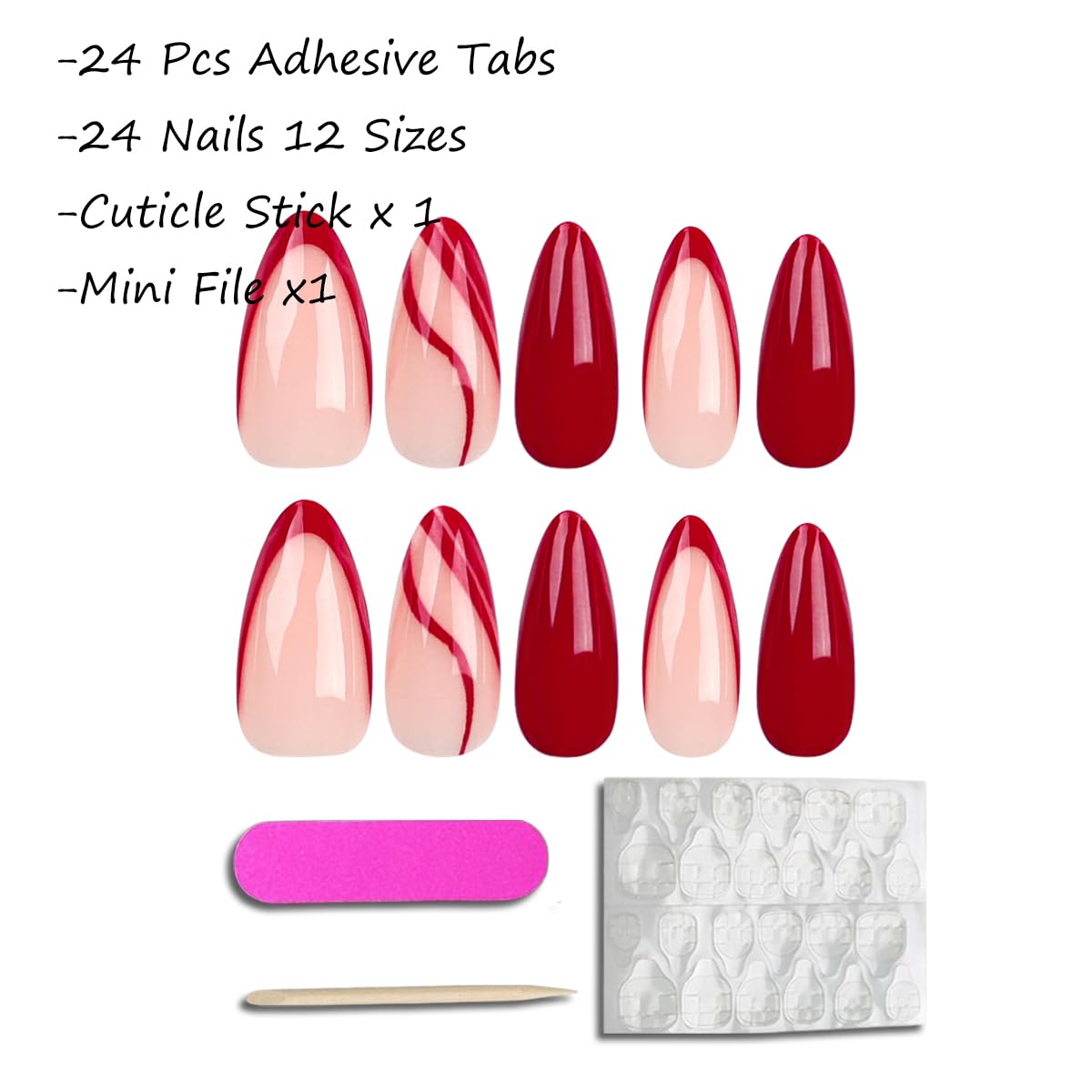 KTAABTR Red French Tip Press on Nails Medium Almond Shaped Fake Nails with Glue Red Corrugated Design Acrylic Nails Stick on Nails for Woman DIY Manicure French Nail Tip Lines False Nails 24Pcs