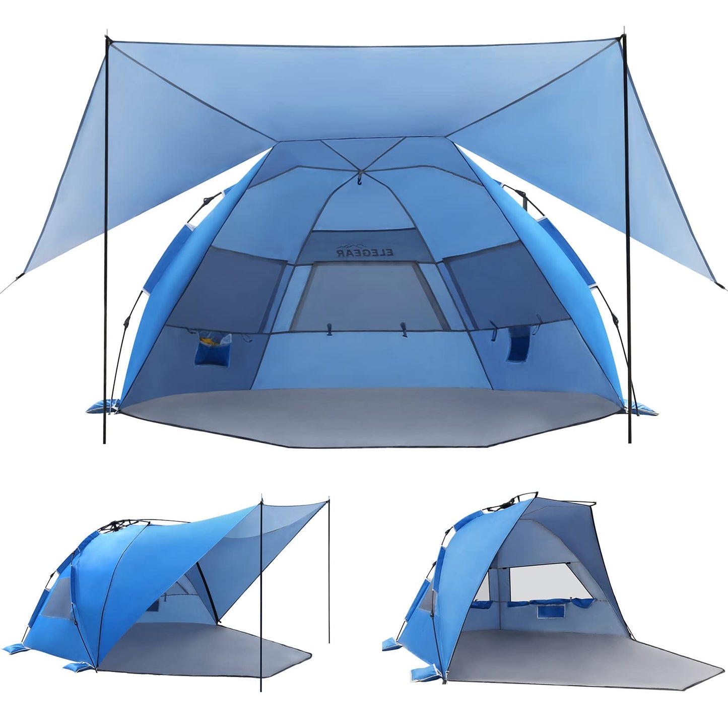 Elegear CumbreX™ Beach Tent with 360° Removable Canopy, 4-6 Person Pop Up Sun Shade Shelter, UPF 50+ Automated Installation Double Silver Coating Portable Lightweight Beach Cabana for Beach/Outdoor