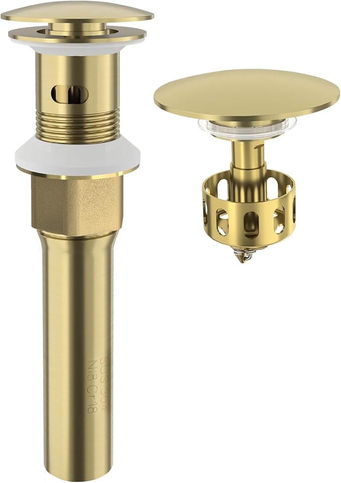 KAIYING Pop Up Drain, Bathroom Sink Drain Stopper with Overflow, Vessel Sink Drain Assembly with Detachable Basket Stopper, Anti-Explosion and Anti-Clogging Drain Strainerï¼Brushed Champagne Goldï¼