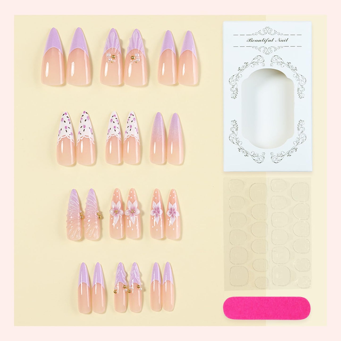 Long Stiletto Press On Nails French Tip Fake Nails Flower With 3d Wave Design Purple False Nails Full Cover Artificial Acrylic Nail Summer Stick On Nail For Women 24pcs