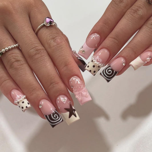 Medium Square Press on Nails Fake Nails Artificial Nail Stick on Nail for Women, Pink White & Black French Tip with Polka Dot, Star and Lace Designs, Sparkling Accents