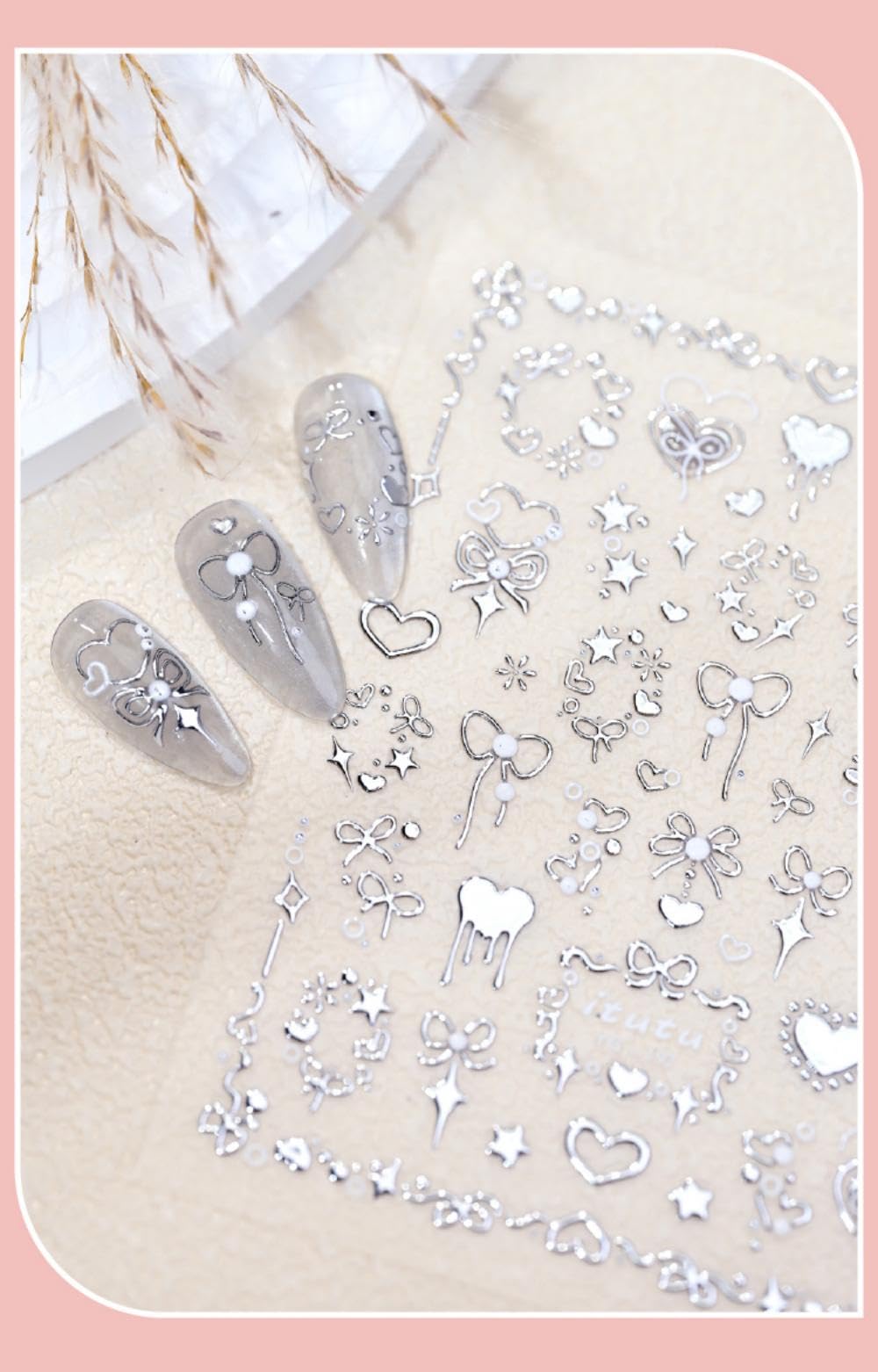 5D Embossed Heart Nail Stickers Self-Adhesive Silver Bows Nail Art Stickers Pearl Star Love Nail Decals for Acrylic Nails Spring Valentines Nail Sticker for Women Girls DIY Manicure Nails Supplies