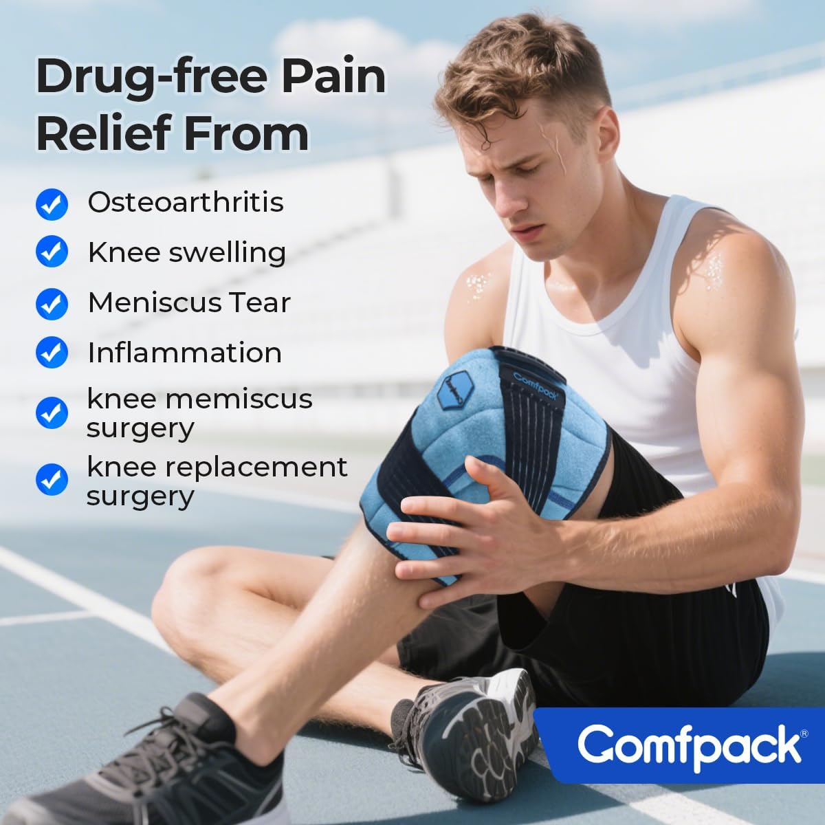 Comfpack Knee Ice Pack Wrap, 2 Hours Long Lasting Coldness Ice & Compression Therapy Flexible Ice Pack for Knee Replacement Surgery, Arthritis Pain, ACL, Swelling, Sports Injuries(23" × 10.3"")"