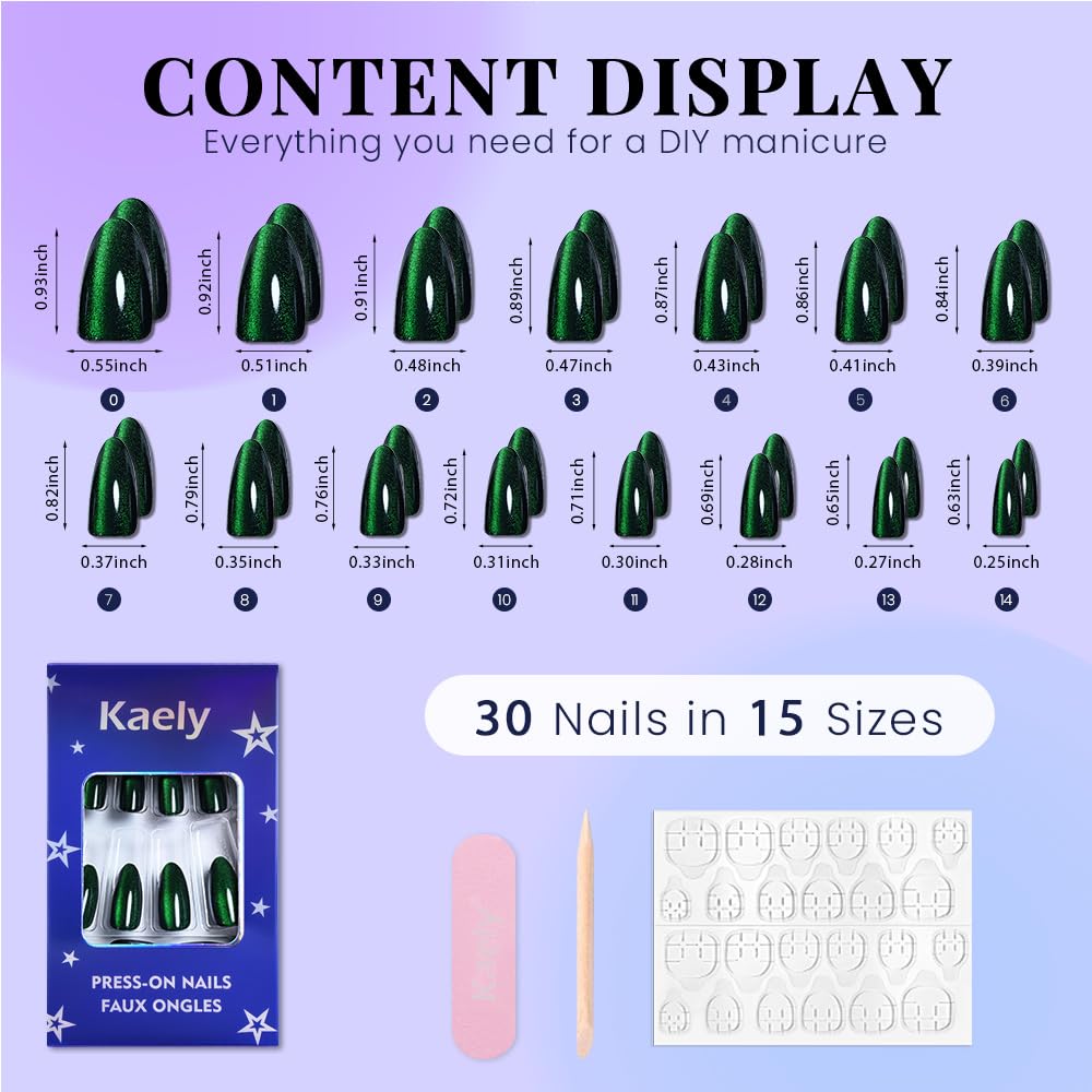 evpct Glitter Green Cat Eye Chrome Press on Nails Almond Medium No Glue, Holographic Medium Almond Stick on Fake Nails for Women Gift, Glossy Cateye Effect, Perfectly Fit Salon-quality Soft False Nail