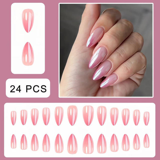 Gradient Nude Pink Electroplated Press on Nails SHIQIXIANNV Almond Fake Nails Metallic Mirror False Nail Design Rose Pink Glossy Acrylic Nails for Women Girl DIY Manicure Decoration 24Pcs