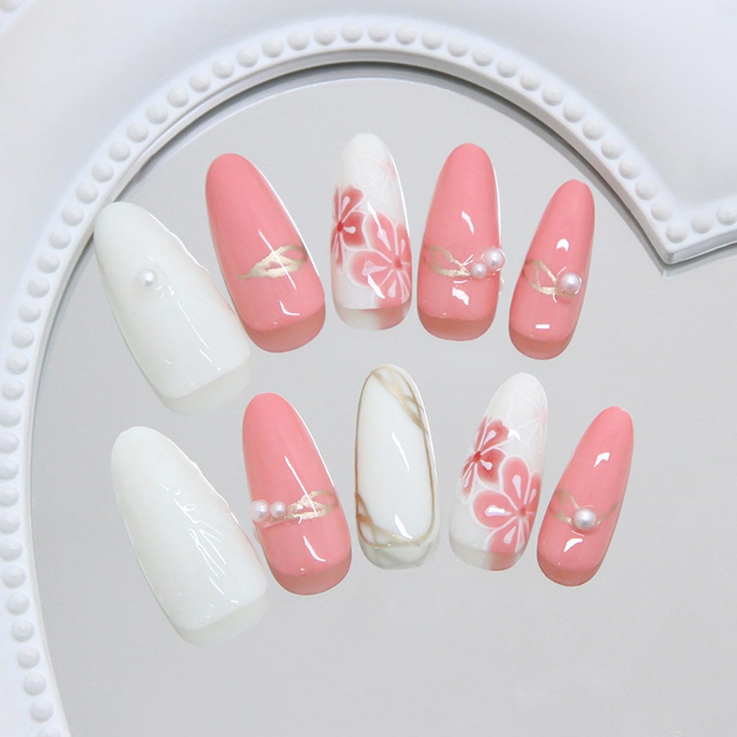 30Pcs Flower Press on Nails Medium Almond Fake Nails Delicate Floral with Pearl Glossy Design Pink White Full Cover Stick on Nails Spring Summer False Nails Acrylic Nails French for Women Manicure