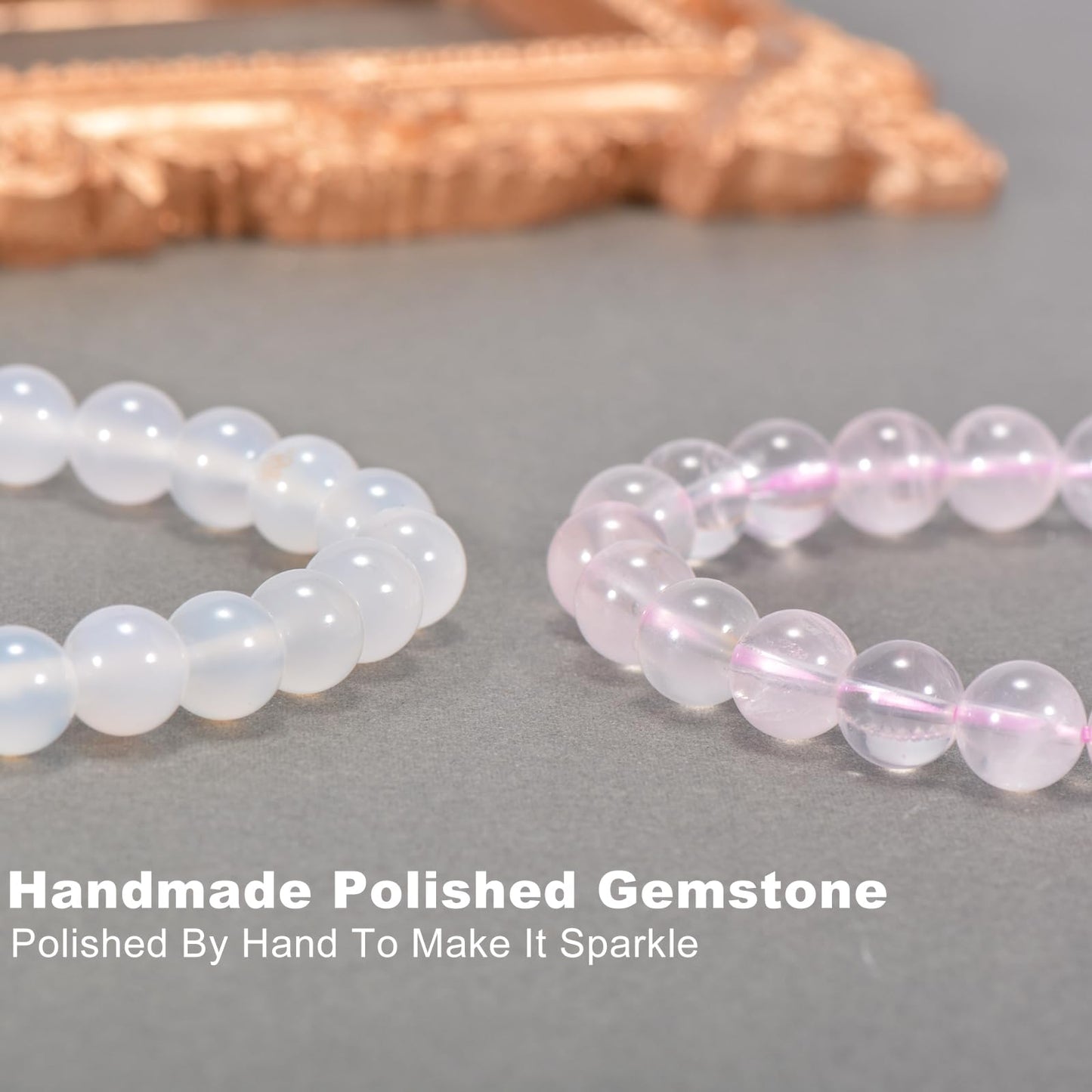 Aluckiss 8mm 2PCS Agate Bracelet for Women Men Natural Round Beaded Agates Stone Healing Stretch Bracelets Elastic Handmade Polished Gemstone Beads Bracelet White+Pink Quartz 2 Colors
