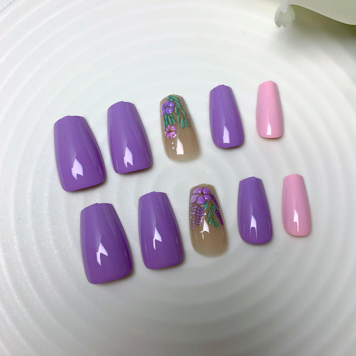 3D Flowers Press on Nails Short Coffin Fake Nails - Purple & Pink Full Cover Acrylic Nails Glossy Full Cover Nails Press ons Summer Stick on Nails for Women 24 Pcs