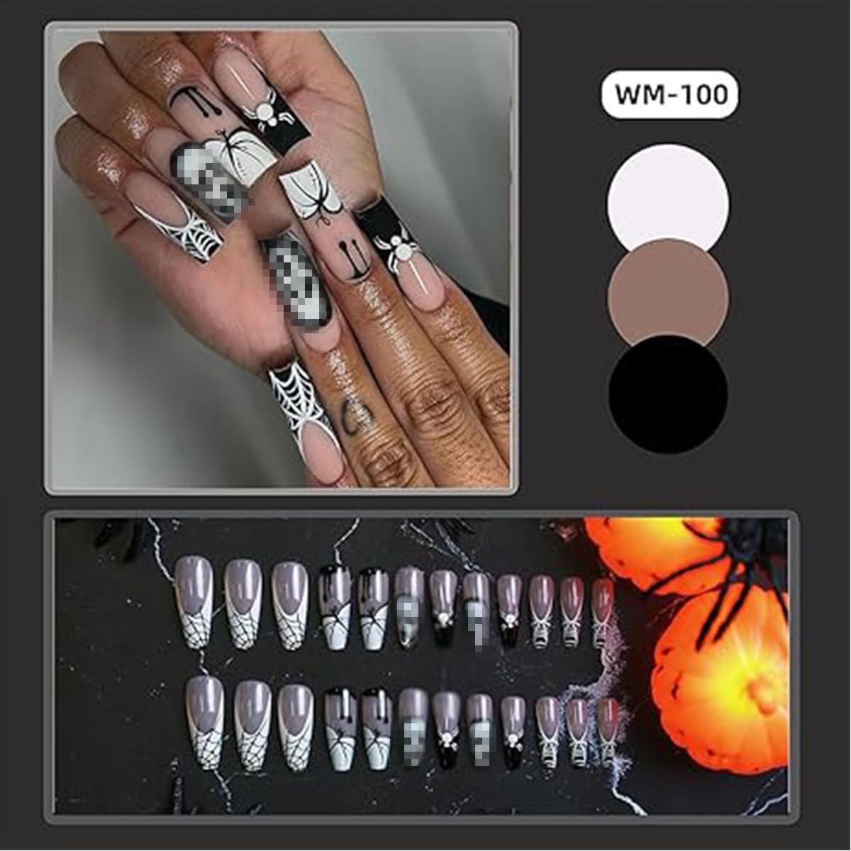Halloween Press on Nails Long Coffin Fake Nails with Designs Spider Cobweb Ghost Pumpkin Glue on Nails Black French Tip False Nail Stick on Nail for Women Girls 24Pcs