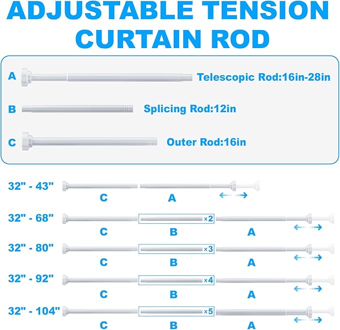 TEECK Shower Curtain Rod, 32-68 inch Adjustable Spring Tension Curtain Rod, Never Rust Anti-Slip Shower Curtain Rod for Bathroom, No Drilling, Never Collapse, Easy to Use, White