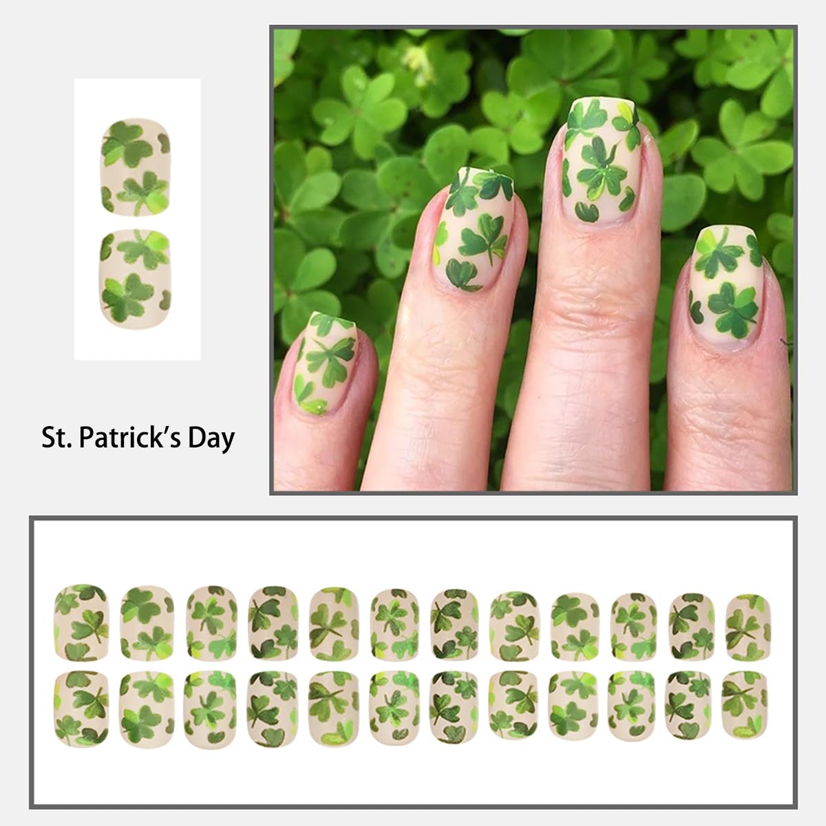 St. Patrick's Day Press on Nails Short Square Shamrocks Fake Nails with design Matte Shamrocks Acrylic Nails for Women DIY Manicure Tips Irish Saint Patricks Day Party Nail Decoration Supply 24Pcs