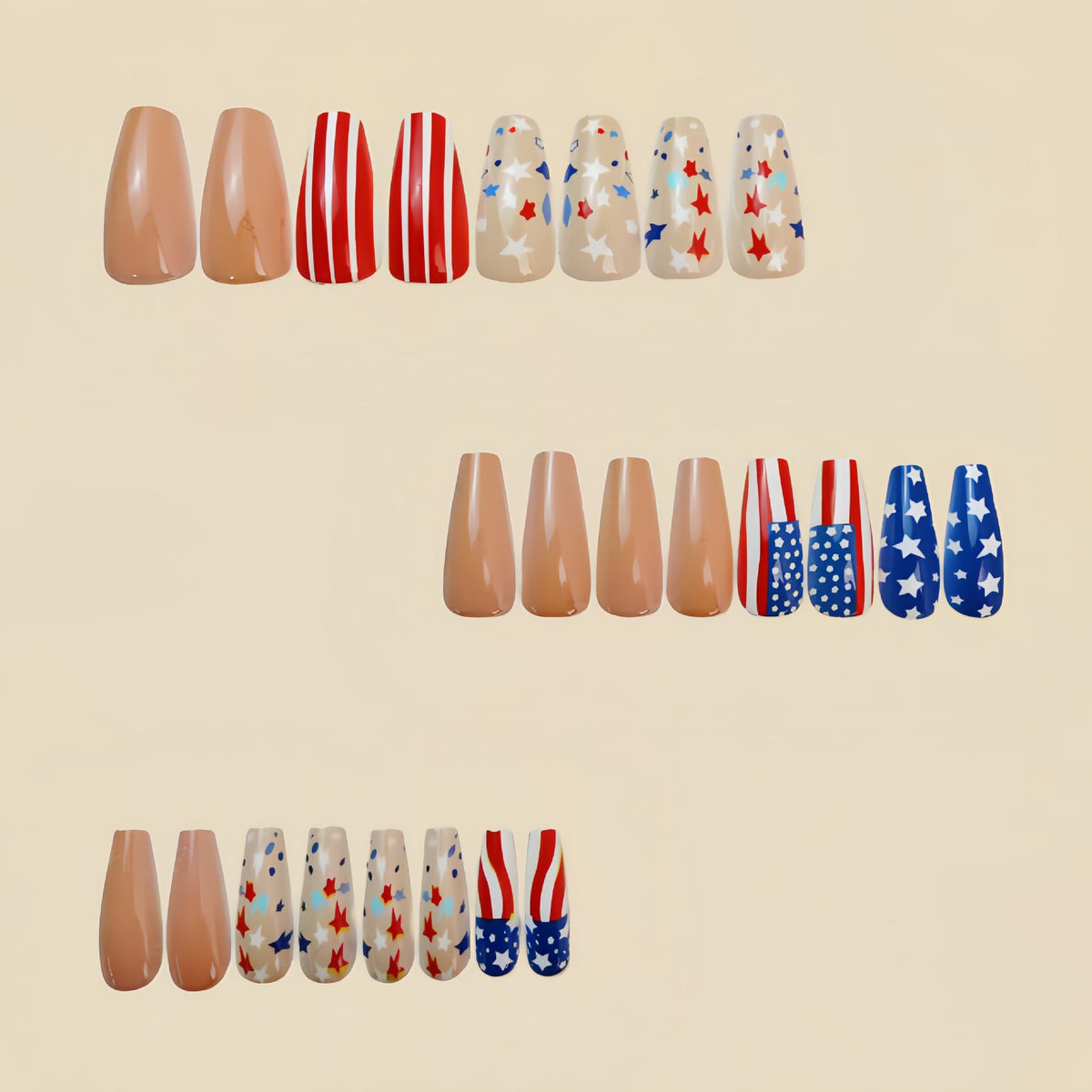 24Pcs Independence Day Glitter Stars Press on Nails Medium Square 4th of July Nude Fake Nails American Flag Design False Nails Full Cover Memorial Day Nails for Women Manicure Decoration