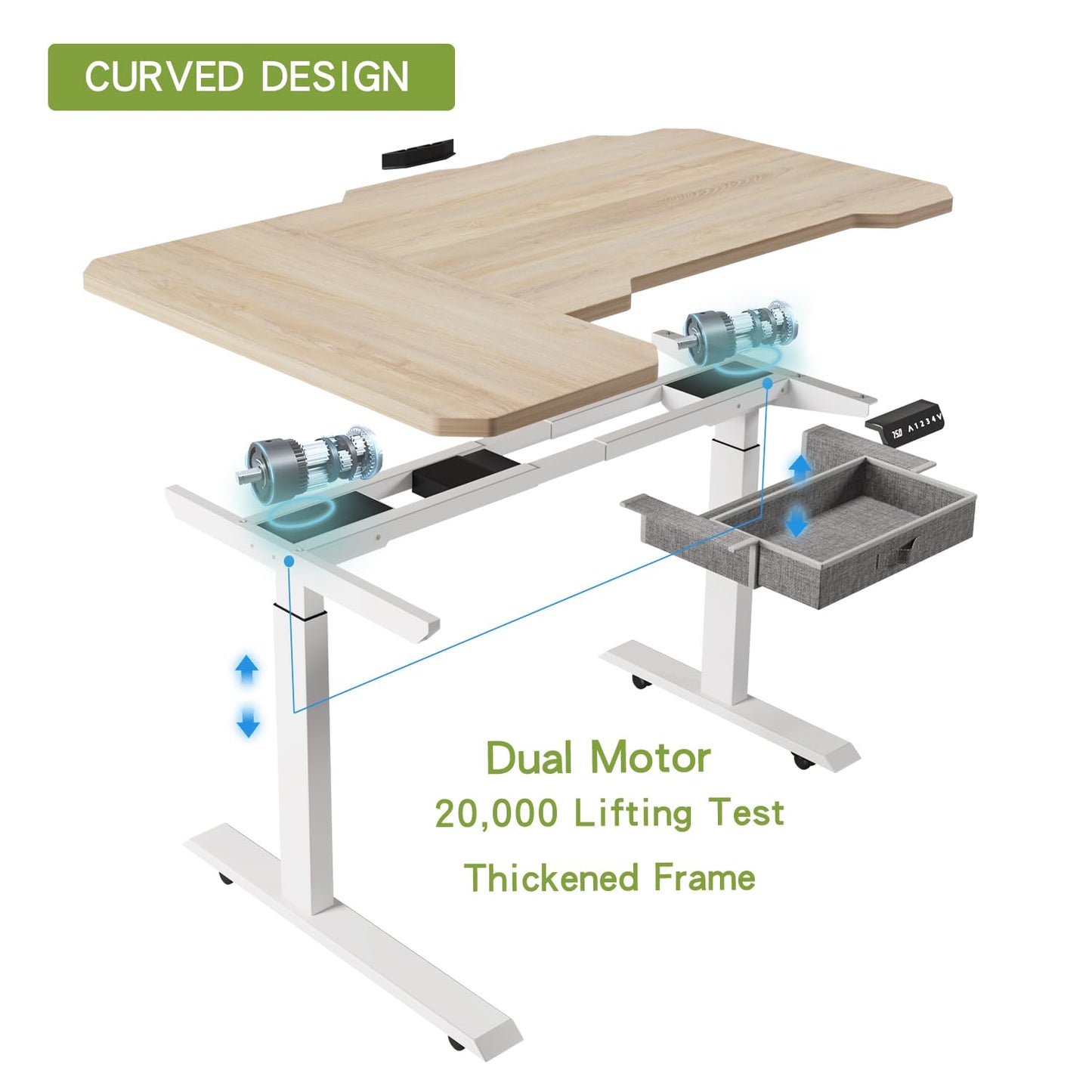 Radlove Dual Motors Height Adjustable 59'' L Shape Electric Standing Desk with Drawer Stand Up Table 4 Memory Keys, Computer Desk with Splice Board Home Office Desk, Oak Top + White Frame