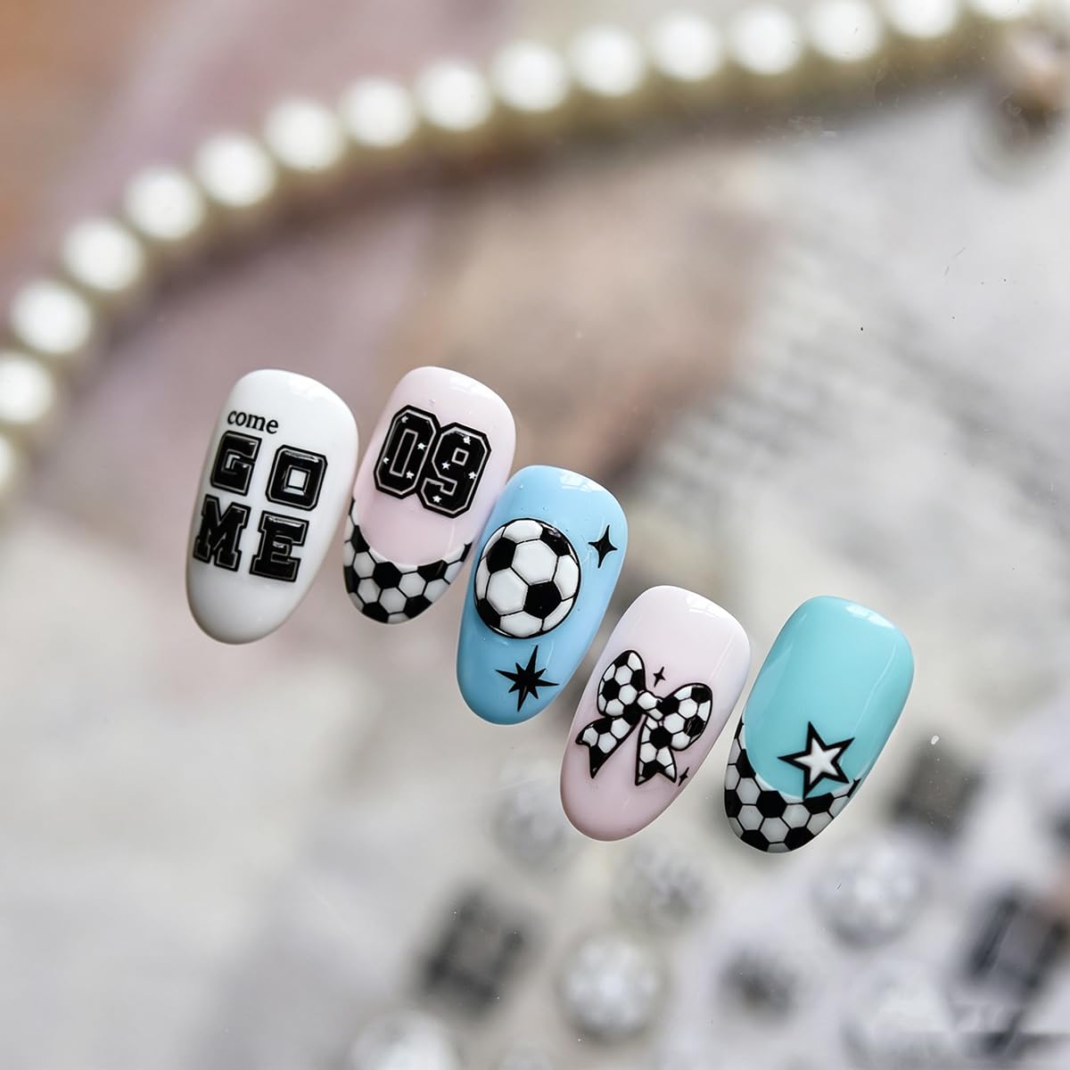 5D Embossed Nail Stickers Black White Nail Decals Soccer Bow Star Heart Nail Art Stickers Self-Adhesive Nail Stickers for Nail Art for Women Girls Y2K DIY Manicure, 1 Sheet