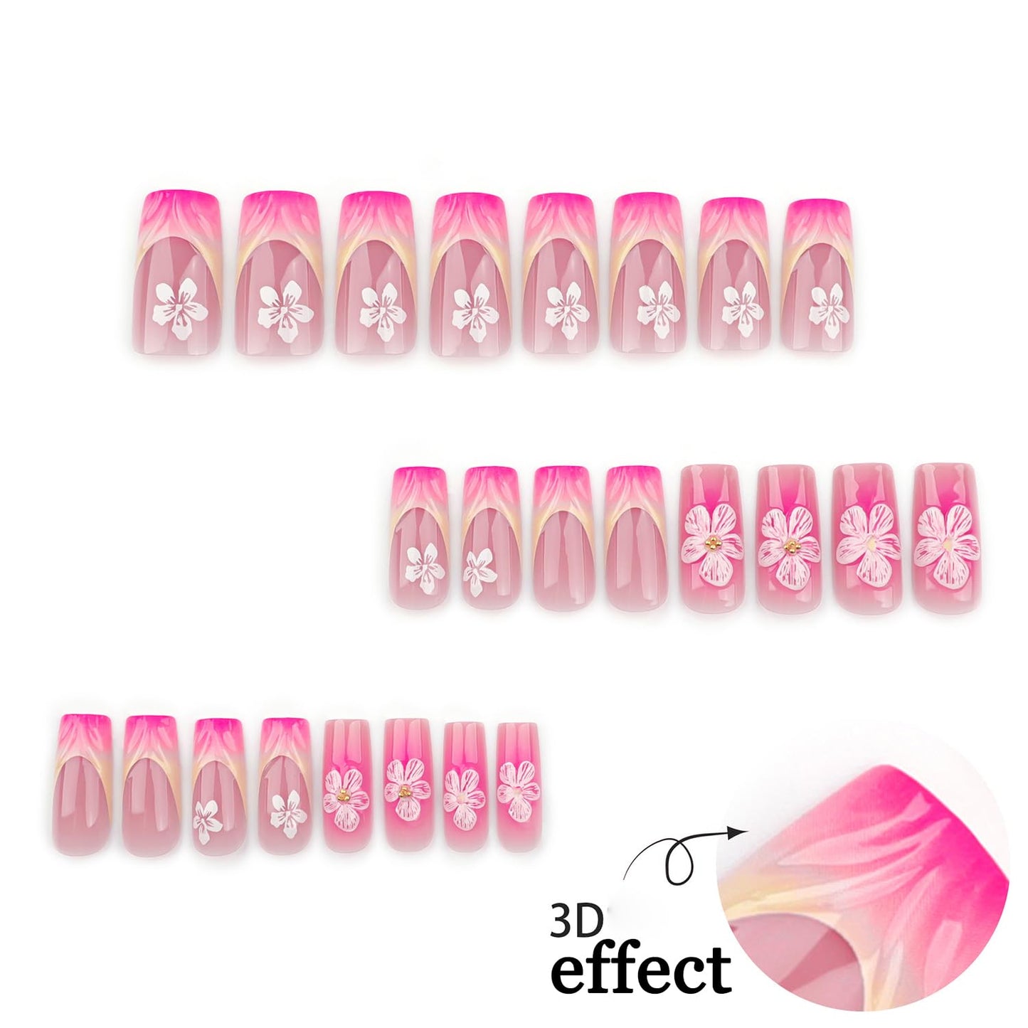 Flower Press on Nails Medium Square French 3D Pink Gradient False Nails Gold Rhinestones Design Full Cover Coffin Nails Acrylic Artificial Nails French Stick on Nails DIY Glue on Nails for Women