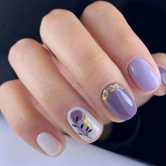 24pcs Purple Press on Nail Short Square Fake Nails with Leave designs Gold Foil Acrylic Artificial Stick on Nail Glossy Full Cover Spring False Nails Reusable Glue on Nails for Women Summer