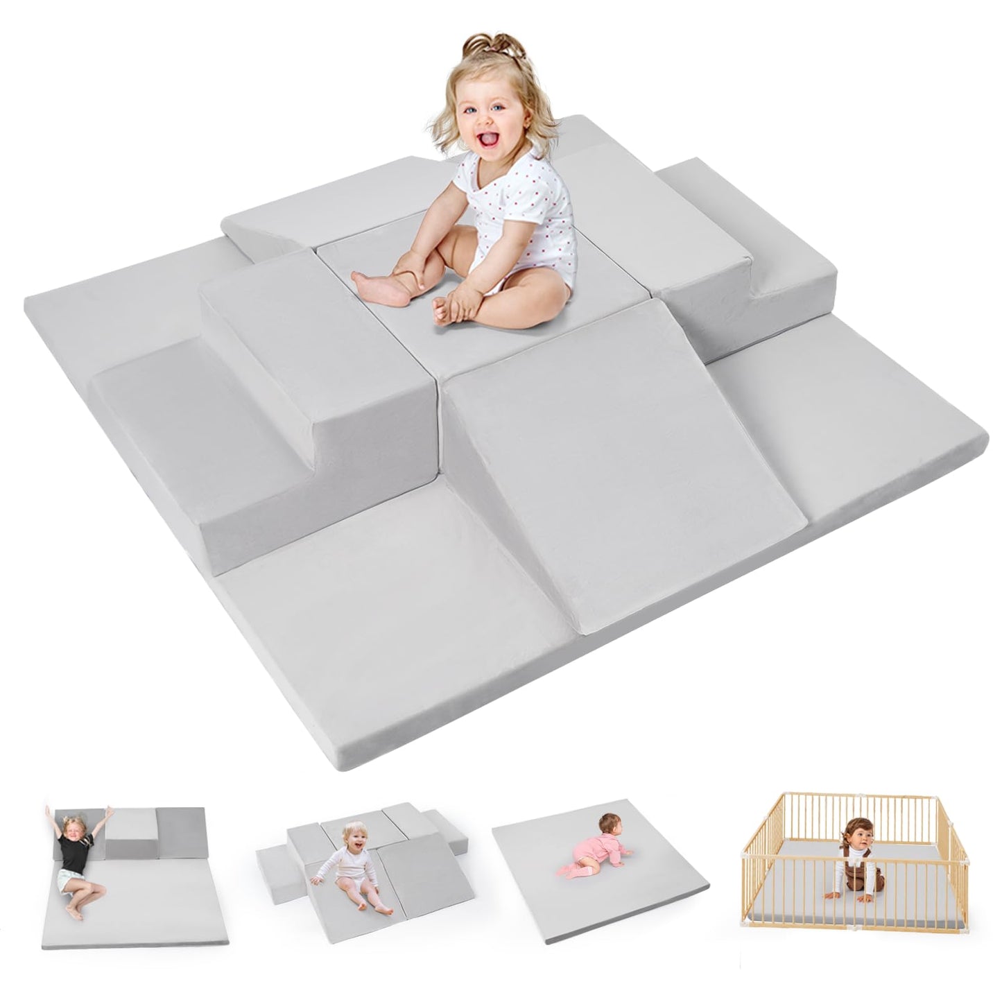 Rinnebbit 6-Piece Foam Climbing Blocks for Toddlers, Climb and Crawl Soft Foam Play Set with 47x47 Inch Baby Play Mat for Floor, Machine Washable Cover, Soft Climbing Toys for Toddlers 1-3 (Gray)