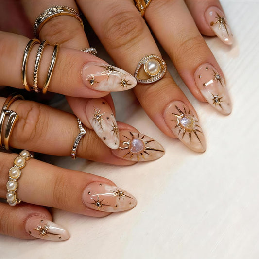evpct 3D Nude Bohemian Design Press on Nails Medium Almond No Glue, Nude Gold Star Glossy Stick on Nails for Women with Kit, Reusable Soft Stick on Fake Nail with 3D Gold Stars Designs Perfectly Fit