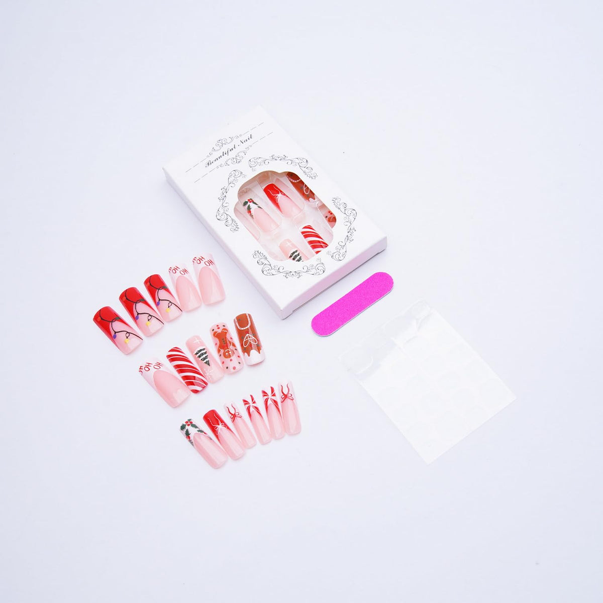 24PcsChristmas Press on Nail Long Square Red French Tip Fake Nails Holiday False Nails with Snowflake Christmas Tree Gingerbread Man Stripe Design Xmas Glue on Nails Full Cover Acrylic Nail for Women