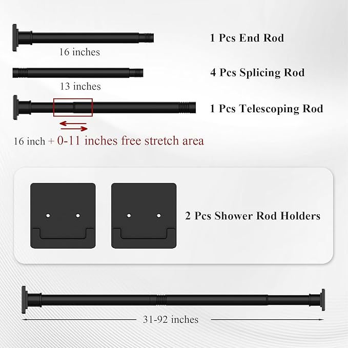 UIOSANRT Black Shower Curtain Rod 31-92 inches, Stainless Steel Shower Rod & Tension Rod, Adjustable Tension Shower Curtain Rod for Bathroom, Windows, Closet