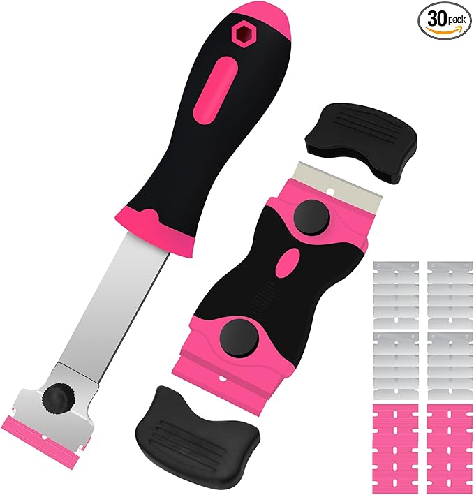 DEKEones Razor Blade Scraper, 2 PCS Razor Scraper Tool for Removing Label, Registration Sticker, Tint, Grease from Windshield, Appliance, Glassï¼Pinkï¼