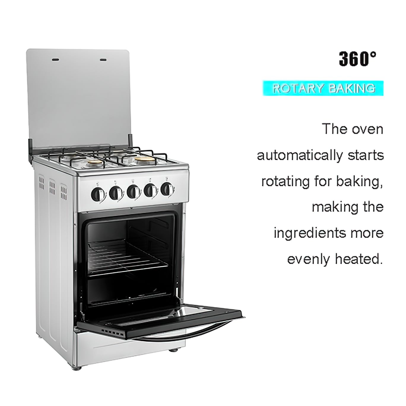20-Inch Gas Range with 4 Burners, 68L Rotary Baking Oven, Stainless Steel Body, Double Layer Tempered Glass Door (NG-LPG Conversion Kit)