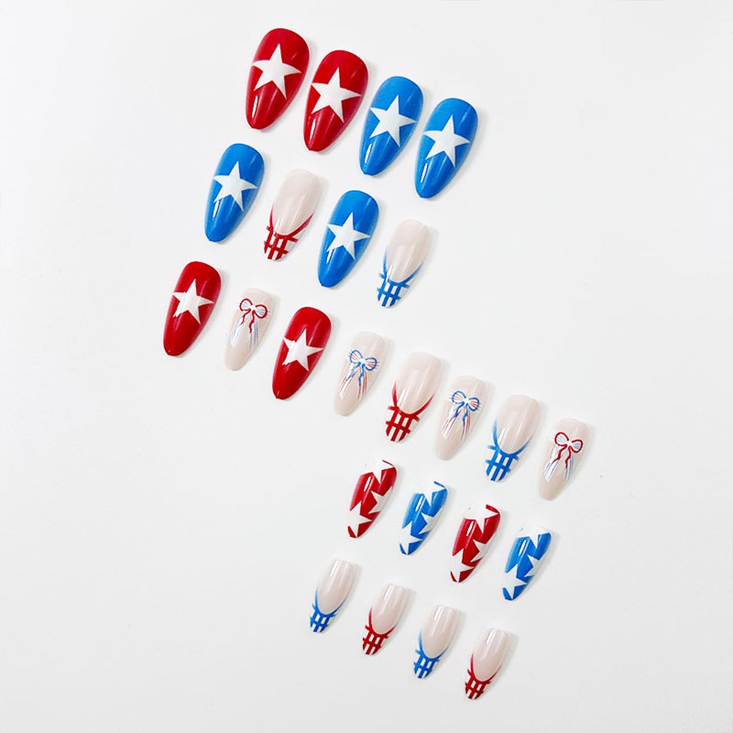 LWTZLW Red Blue Stars Press on Nails French Tip Short Almond False Nails with Bow Grids Design Full Cover Glue on Nail Summer Reusable Acrylic Fake Nails Glossy Artificial Stick on Nail for Women