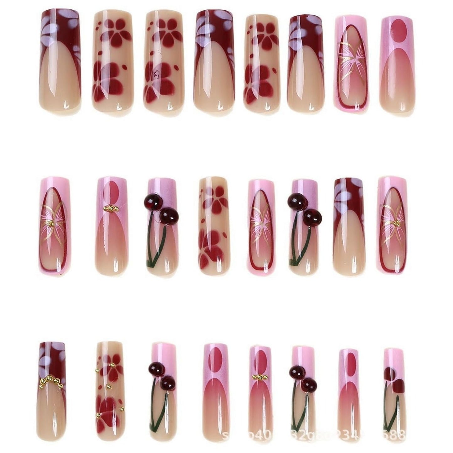 Long Square Flower Press on Nails Pink French Tip Fake Nails with Cherry and Floral Designs Handmade Press on Nails Full Cover Acrylic Nail Stick on Nail for Women DIY Manicuare 24 Pcs