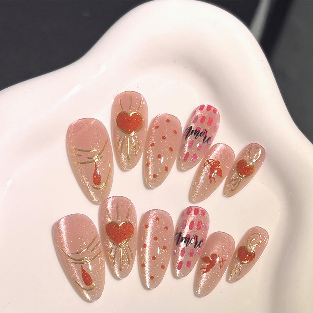 24Pcs Valentines Press on Nails Short Almond Fake Nails with Golden Lines Polka Dots Angel Designs Sweet Pink Full Cover Stick on Nail Romantic Heart False Nails for Women Holiday Nail Decorations