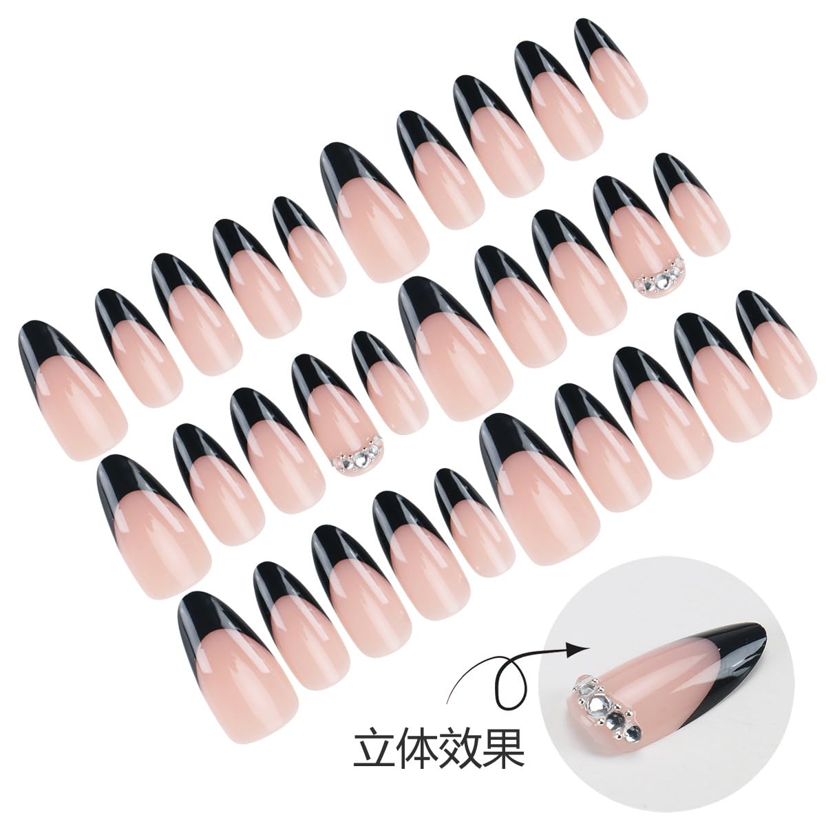 Black French Tip Press on Nails Medium Almond Nails Press ons with 3D Rhinestone Designs Nude Fake Nails Reusable Glue on Nails for Women, Elegant Classic Manicure, 24Pcs
