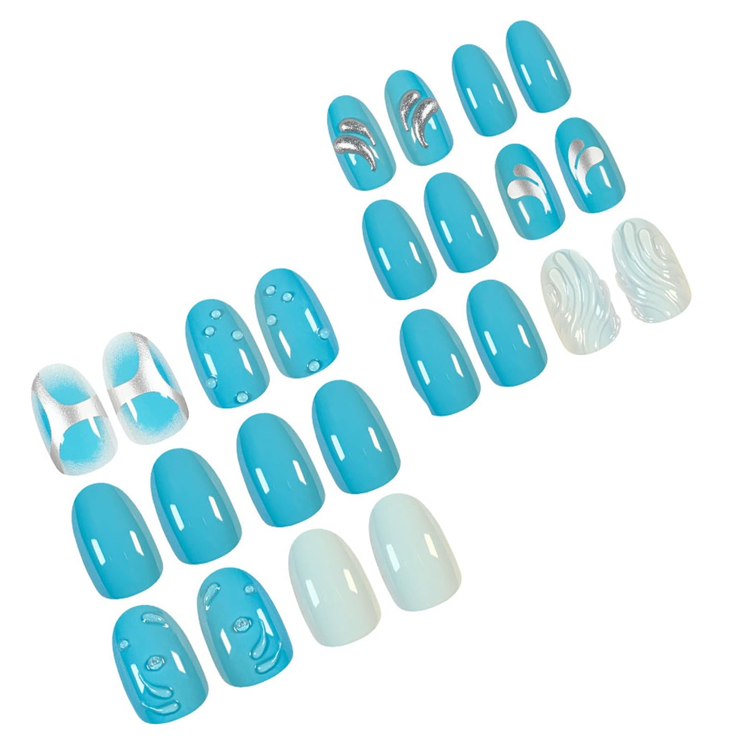IMSOHOT Press on Nails Short Oval Fake Nails Blue Round False Nails Glossy Acrylic Nail Supplies Full Cover Glue Stick on Nails for Women Girls Manicure Decoration Summer Cute DIY Nail Art