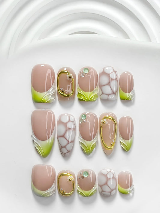 Curatique Handmade Press on Nails - Artificial Acrylic Nails Blue French Tips Stick on Nails 3D Pearl Fake Fingernail Summer False Nails for Women Manicure 10 Pcs (Glass Leaf, M, Short squeare)