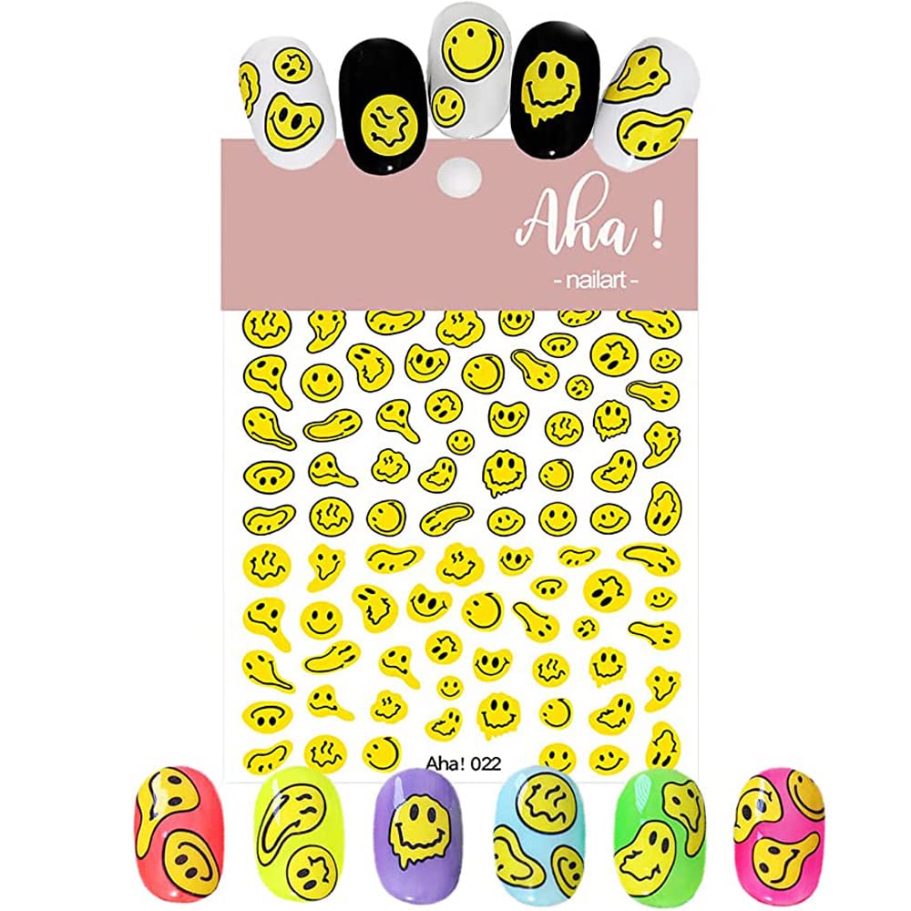 Smiling Face Nail Art Stickers 3D Nail Decals Cute Self-Adhesive Nail Stickers Yellow Black and White Twisted Smiling Face Nail Supplies for Women Girls Kids Nail Decorations