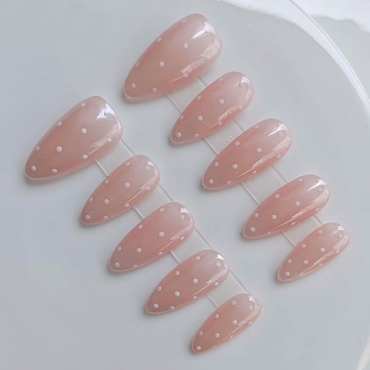 Gleamrain 10pcs Almond Handmade Press-on Nails, Medium French Tip (M Size) - With Flower and Polka Dots Design, Pink,Suitable for Women Girls for Daily, Parties, Holidays and Proms,D210