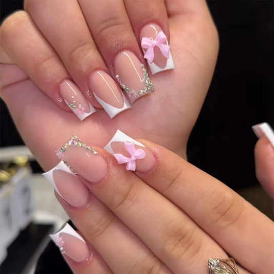 24pcs White French Tip Press on Nails Short Square Fake Nails Rhinestones Full Cover Tip Glitter Stick on Nails Pink Flower Designs Acrylic Glue on Nail Bow False Nails for Women DIY
