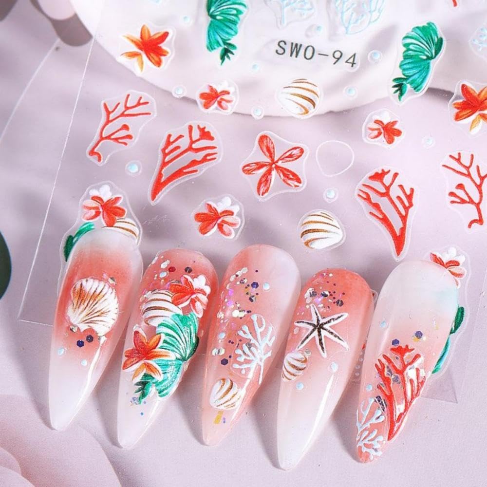 Flower Nail Stickers 5D Embossed Pearl Ocean Nail Decals 3D Self-Adhesive Summer Nail Art Stickers Coral Nail Designs Butterfly Beach Nail Art Decoration for Women Girls DIY 4 Sheets