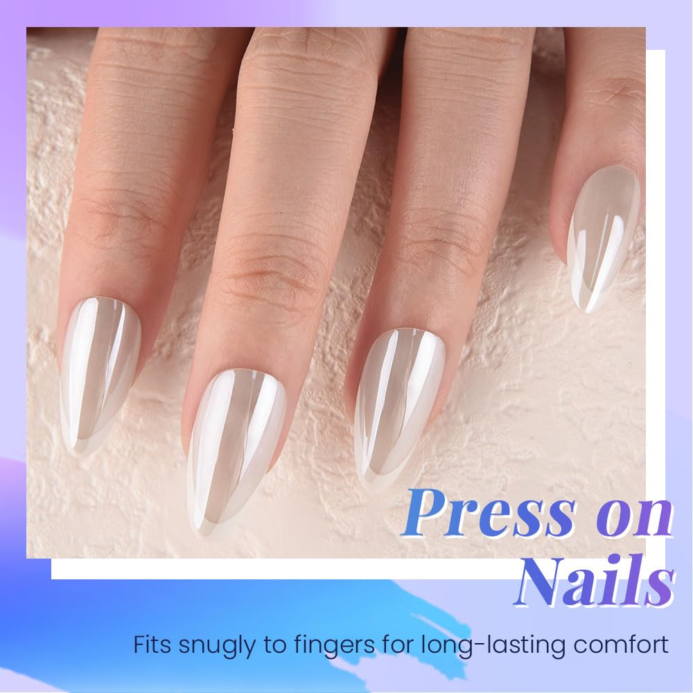 evpct Pearl White Glazed Press On Nails Short Almond, Beige French Tip Chrome Glazed Glossy Stick on Nail for Women Gift, Reusable Full Cover Soft Gel Press on Fake Nail with French Tip Design
