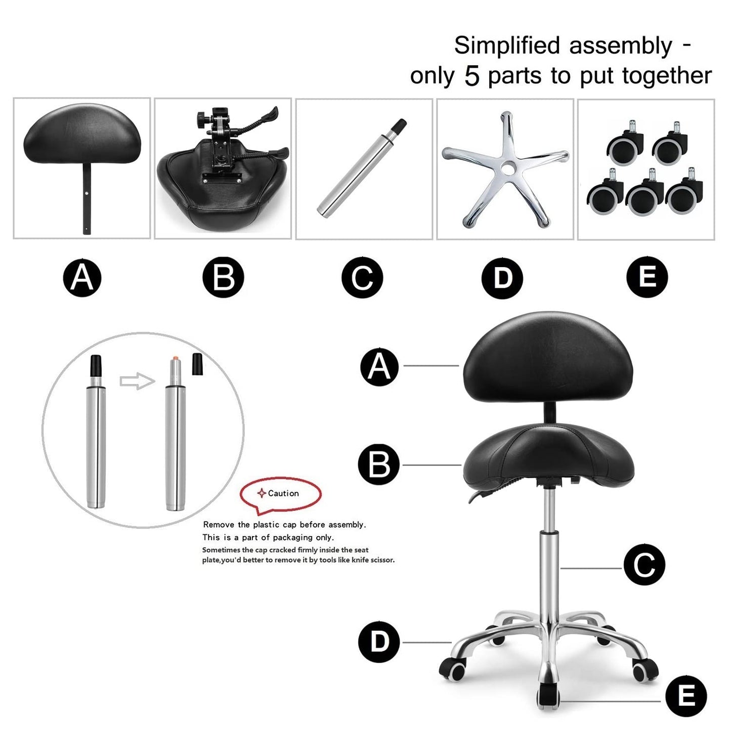 Kaleurrier Saddle Stool Rolling Swivel Height Adjustable with Wheels,Heavy Duty Anti-Fatigue Ergonomic Saddle Chair for Hair Beauty Salon Lab Dental Massage Office Home Kitchen(with Back, Black)