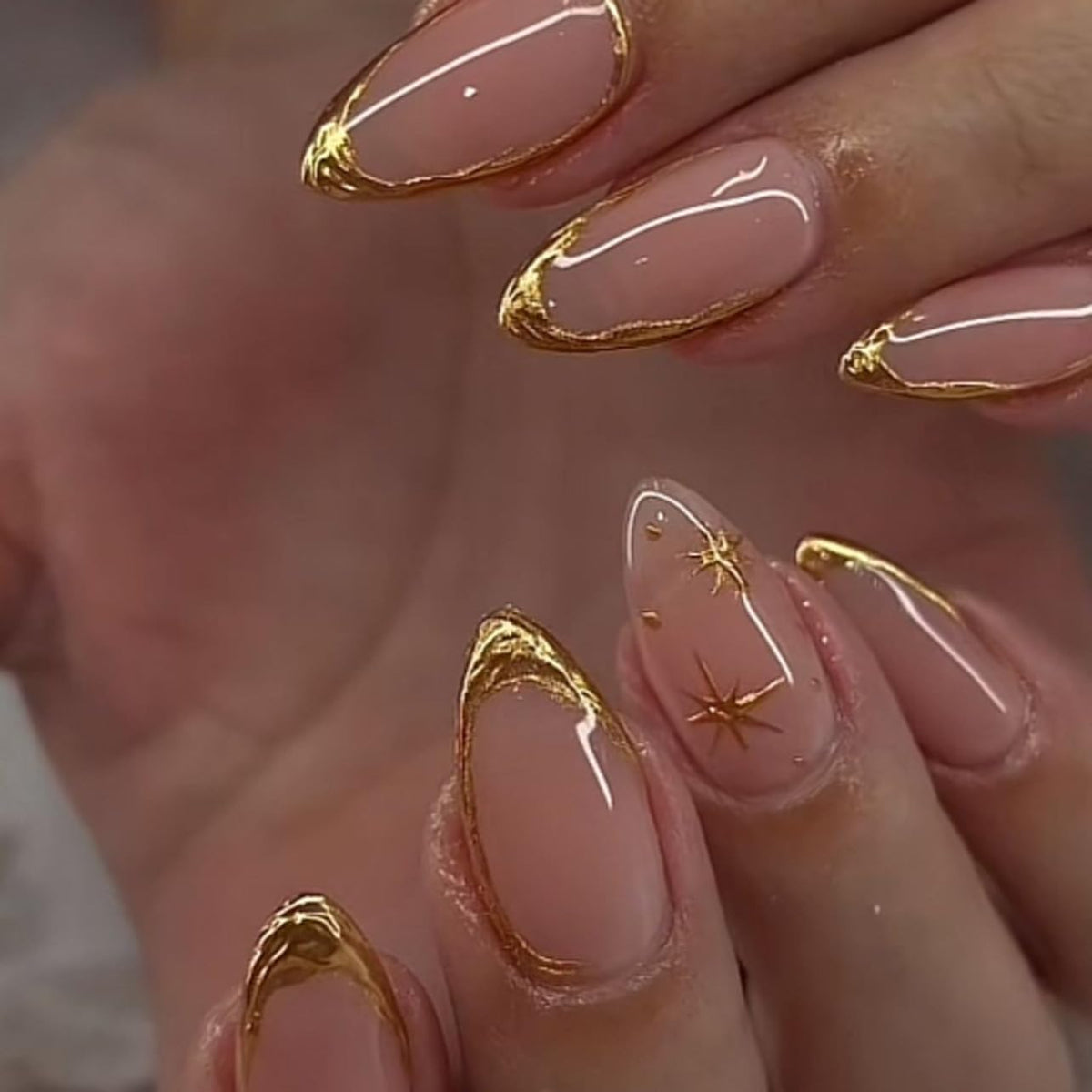 Gold Press on Nails Almond Medium Length Nude Fake Nails with Star Designs Pink False Nails Full Cover Glossy Summer Fingernails Stick on Nails for Women French Manicure Kit