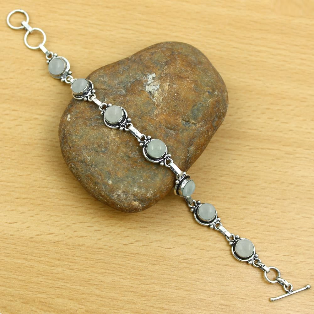 Natural Aquamarine 925 Silver Plated Round Gemstone Adjustable Bracelet for Women - March Birthstone Bohemian Vintage Style Handmade Jewelry Bracelet - Gift for Her